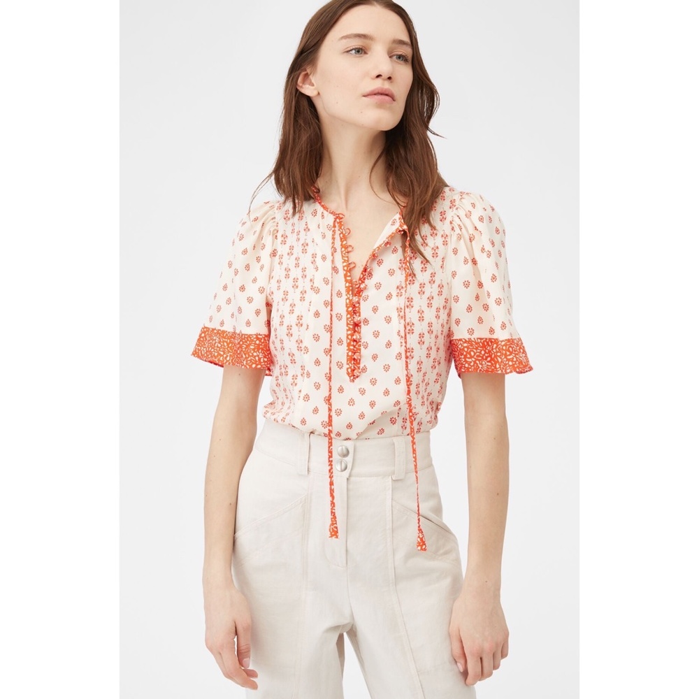 ✨NWT✨ REBECCA TAYLOR Silk Top Lily Block Print Blouse in Tomato Sz US 2 (XS) - Picture 1 of 12